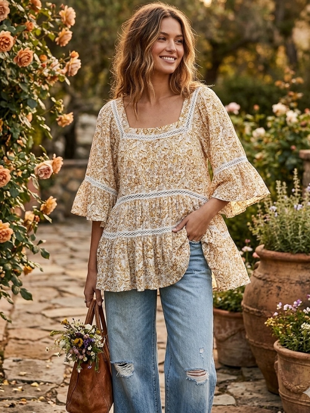 Free People Cream & Mustard Floral Peasant Tunic